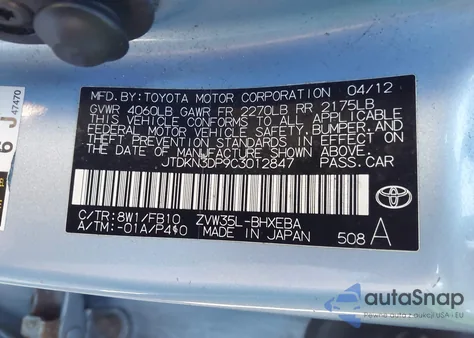 2012 Toyota Prius Plug-In z USA, uszkodzony, nr VIN JTDKN3DP9C3012847
